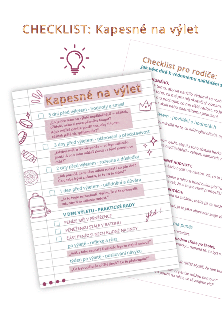 Praktický checklist k dětskému kapesnému na výlet – otázky a příklady pro smysluplné rozhovory o penězích.